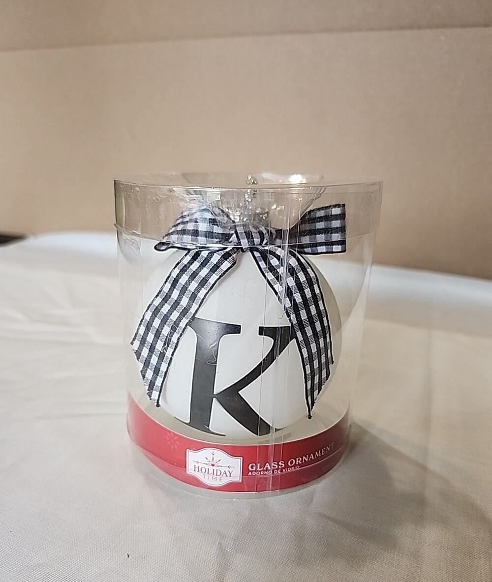 Holiday Time Monogram Glass Ornament Letter "K" White & Black Buffalo Check Bow